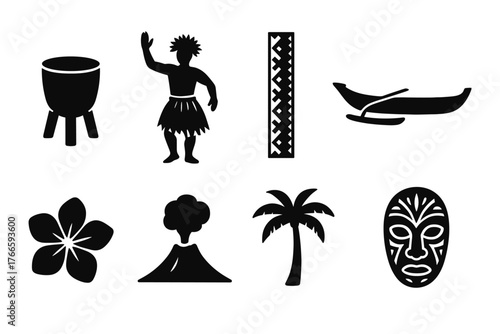 Hawaiian culture symbols: traditional icons and tropical elements in silhouette