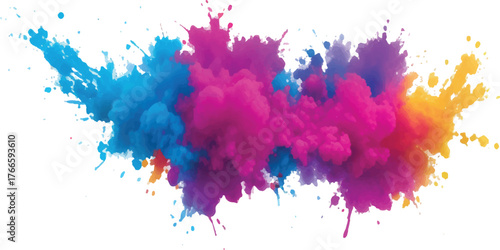 Colorful smoke explosion vibrant powder cloud with blue pink and yellow hues isolated on white background