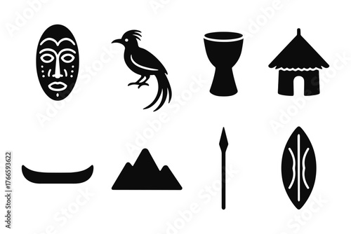 African culture icons set: mask, bird, drum, hut, canoe, mountain, spear, shield