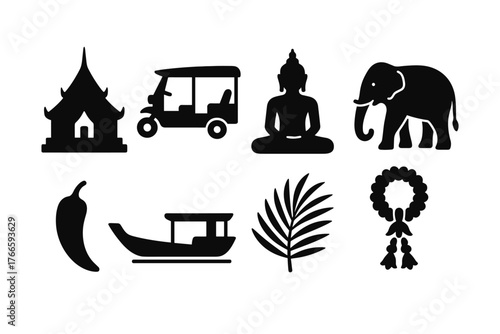 Thai culture icons set: tuk tuk, buddha, elephant, temple, longtail boat, silhouette style