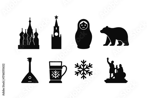 Russian culture icons set: matryoshka, kremlin, and balalaika in silhouette style