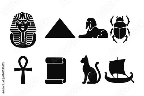 Ancient egypt icons: pharaoh, pyramid, sphinx, and more in bold silhouette style