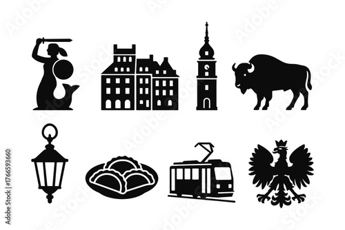 Iconic polish symbols set featuring mermaid, architecture, bison, and more