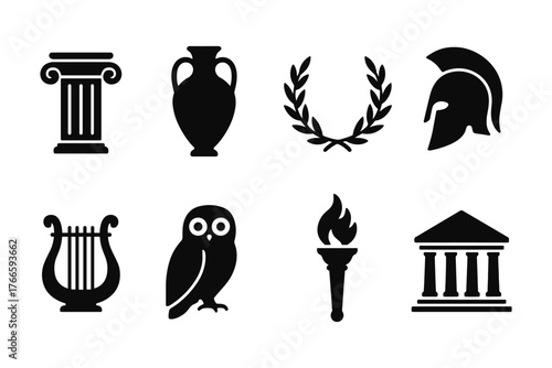 Icon set of ancient greek symbols: culture and history in silhouette