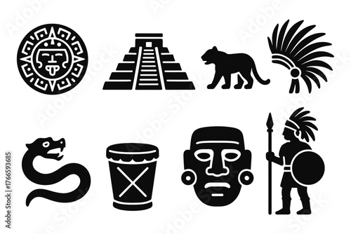 Icon set of aztec symbols and figures in bold black silhouette style