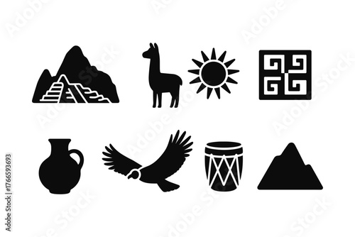 Inca symbol set: monochrome icons of andes culture and traditions