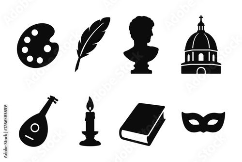 Classic art silhouettes: palette, feather, bust, dome, lute, candle, book, mask