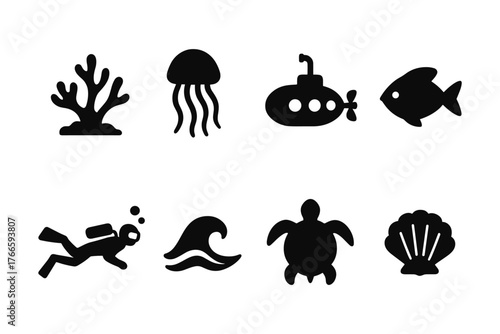 Bold marine icons set: underwater exploration and ocean life symbols