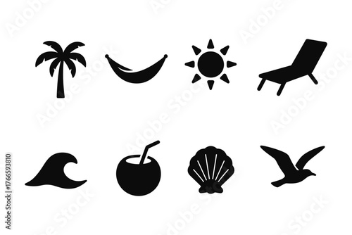 Island vacation: minimalist beach icons featuring palm and shell