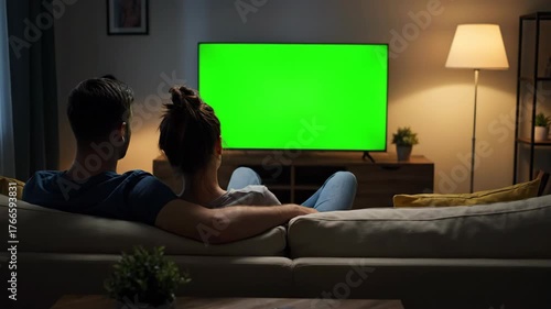 Man and woman couple watching on tv with green screen display in dark living room for entertainment at home, footage