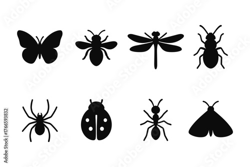 Silhouette insect icons set featuring butterfly, bee, and dragonfly
