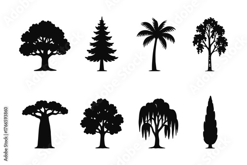 Silhouette tree collection featuring varied species in iconic styles