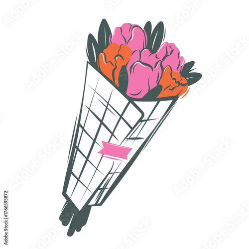 A bouquet of pink and orange tulips. Stylish modern flat illustration for a flower shop. Sticker