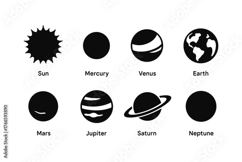 Minimalist silhouette icons of solar system planets and sun