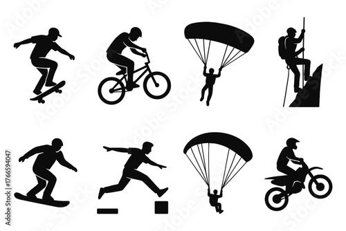 Silhouette collection of adventure sports enthusiasts in action
