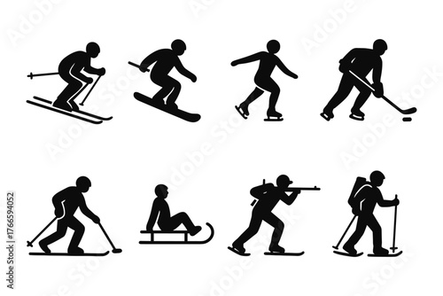 Winter sports silhouettes featuring skiing, snowboarding, and ice hockey icons