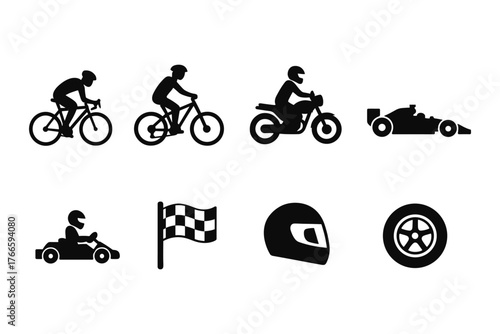 Silhouette icons of cycling and racing vehicles with accessories