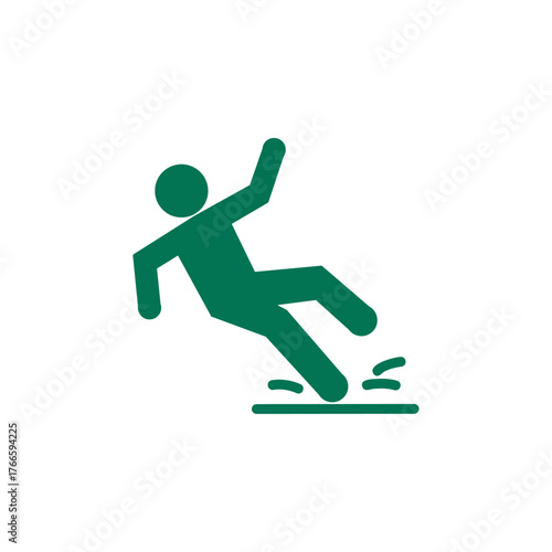 Falling green person silhouette pictogram. Caution sign. Isolated on white background. Vector illustration
