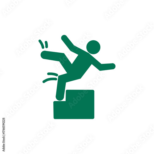 Falling green person silhouette pictogram. Caution sign. Isolated on white background. Vector illustration