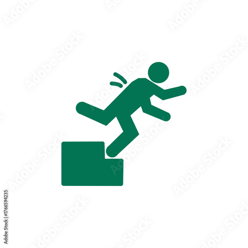Falling green person silhouette pictogram. Caution sign. Isolated on white background. Vector illustration