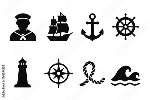 Nautical symbols collection featuring anchors, sailor, ship, and marine elements in silhouette style