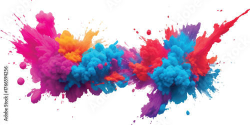 Colorful powder explosion on white background vibrant pigment cloud abstract design element for Holi festival or creative projects
