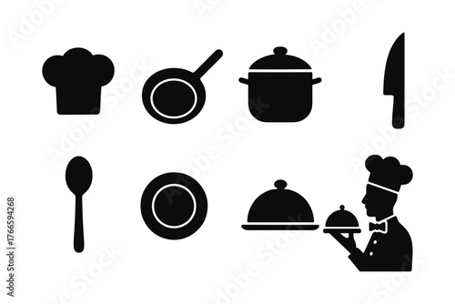 Chef tools and cookware icons in simple silhouette style for culinary design