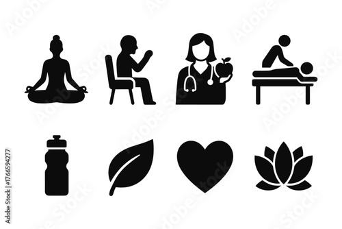 Silhouette icons of wellness: yoga, therapy, health, and nature