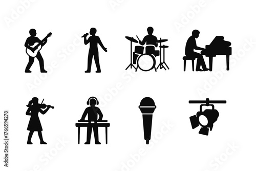 Silhouette musicians playing instruments with microphone and stage lights