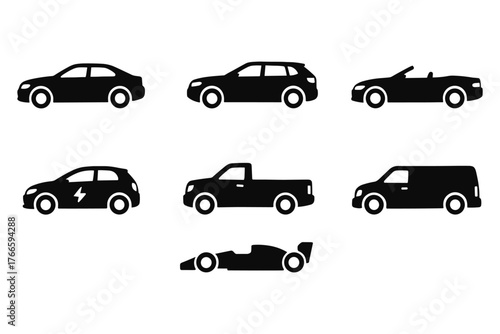 Car silhouettes collection: sedans, suvs, convertibles, electric, pickup, racing, van