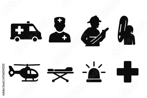 Emergency services icons: ambulance, firefighter, helicopter, medical cross, and alert symbols
