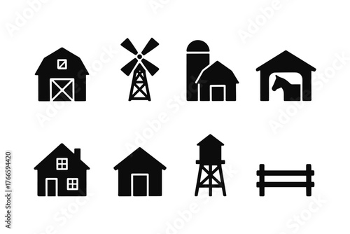 Farm icons set featuring barn, windmill, silo, horse stable, house, and water tower