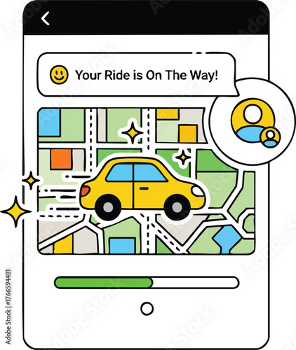 Yellow Car App Navigation Showing Ride Is On The Way With User Icon