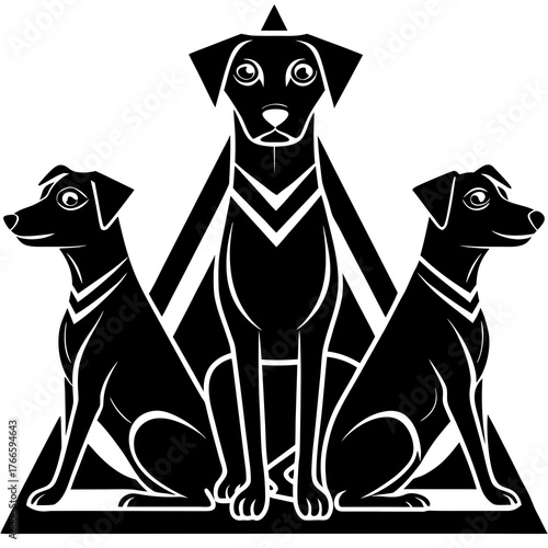 Three stylized dogs sit symmetrically within a geometric triangle design art