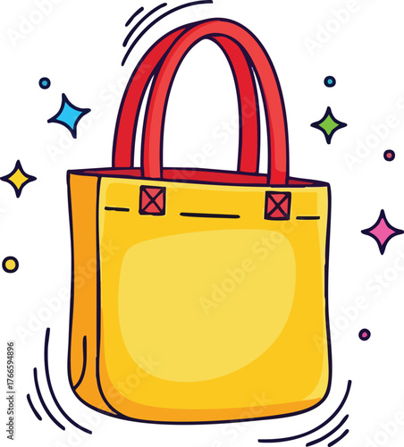 Yellow Tote Bag with Red Handles Sparkling with Colorful Stars and Motion Lines