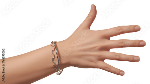 A hand displaying the number five, adorned with silver bracelets, conveying a sense of gesture.