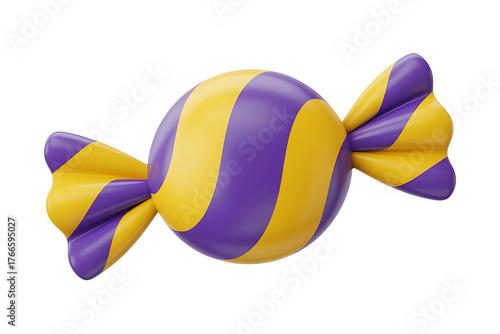 Colorful striped candy with yellow and purple hues, wrapped in a decorative twist.