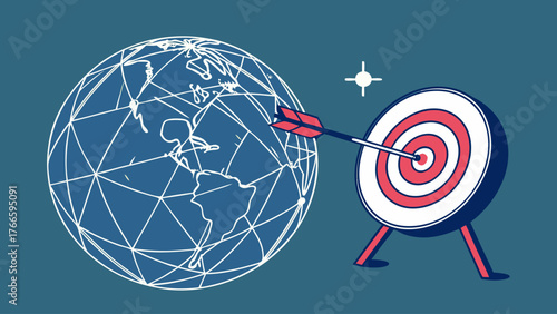 Digital illustration of globe with target and arrow, symbolizing global focus and precision