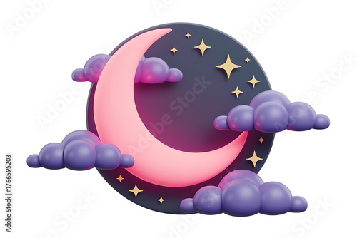 Dreamy crescent moon surrounded by fluffy clouds and twinkling stars, evoking a peaceful night.