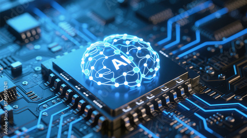 Futuristic artificial intelligence concept showing luminous data nodes and neural links shaped as a digital brain over electronic circuits, representing deep learning and high-tech network processing.