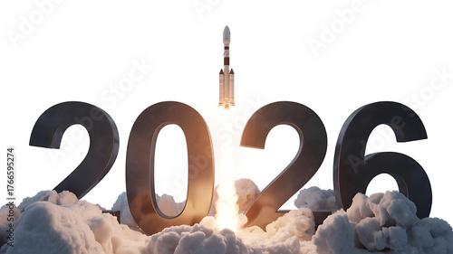 Rocket ascends through smoke and flames, piercing the number 2026, signifying progress and future aspirations.