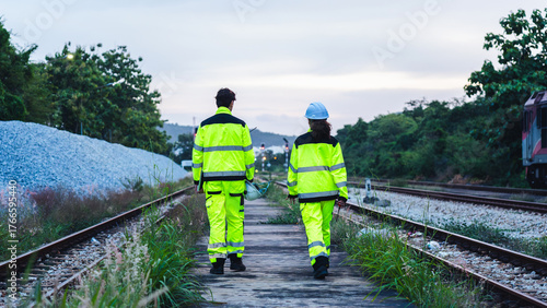 Railway Engineers Inspecting Tracks and Infrastructure at Dusk, Construction or Industry Workers on Railroad Site, Railroad Workers Walking on Maintenance Patrol in High-Visibility Gear
