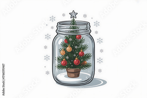 Festive miniature tree inside a glass jar, surrounded by snowflakes, evokes a cozy winter scene.