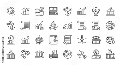 A comprehensive collection of financial and economic line icons, depicting various aspects of banking, investment, currency, and global finance.
