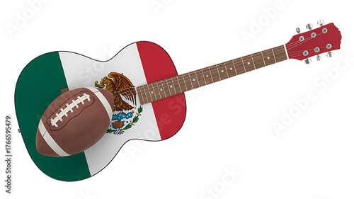 Acoustic guitar adorned with the colors and emblem of a nation, blending music and heritage.