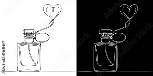 Isolated vector image in line art style of perfume bottle with heart shape, metaphor for the scent of love, pheromones, two design options on transparent and black background, Valentine's Day
  