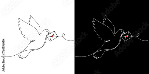 Isolated vector image of a dove carrying a love letter with red heart in line art style, declaration of love, two design options on transparent and black background, Valentine's Day
