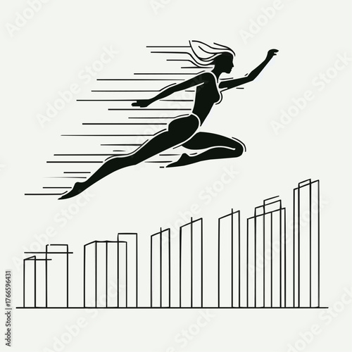 Energetic silhouette of a female runner leaping over obstacles with swift motion on light background