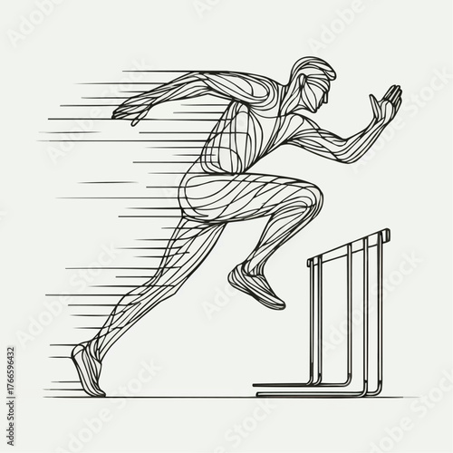 Dynamic line art of male athlete sprinting over hurdles with powerful motion on light background
