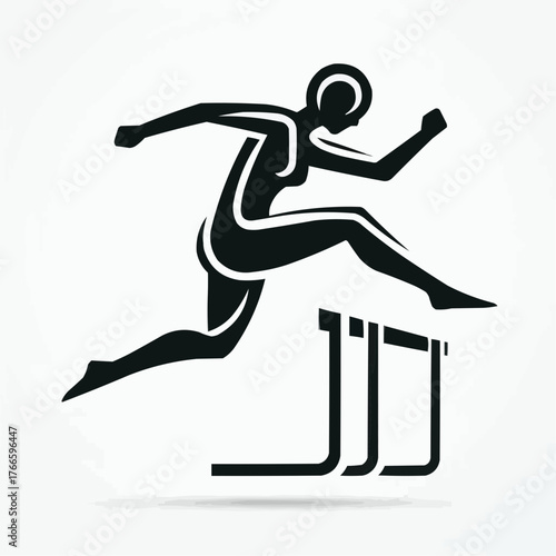 Stylized illustration of athlete jumping over hurdles in dynamic action on light background